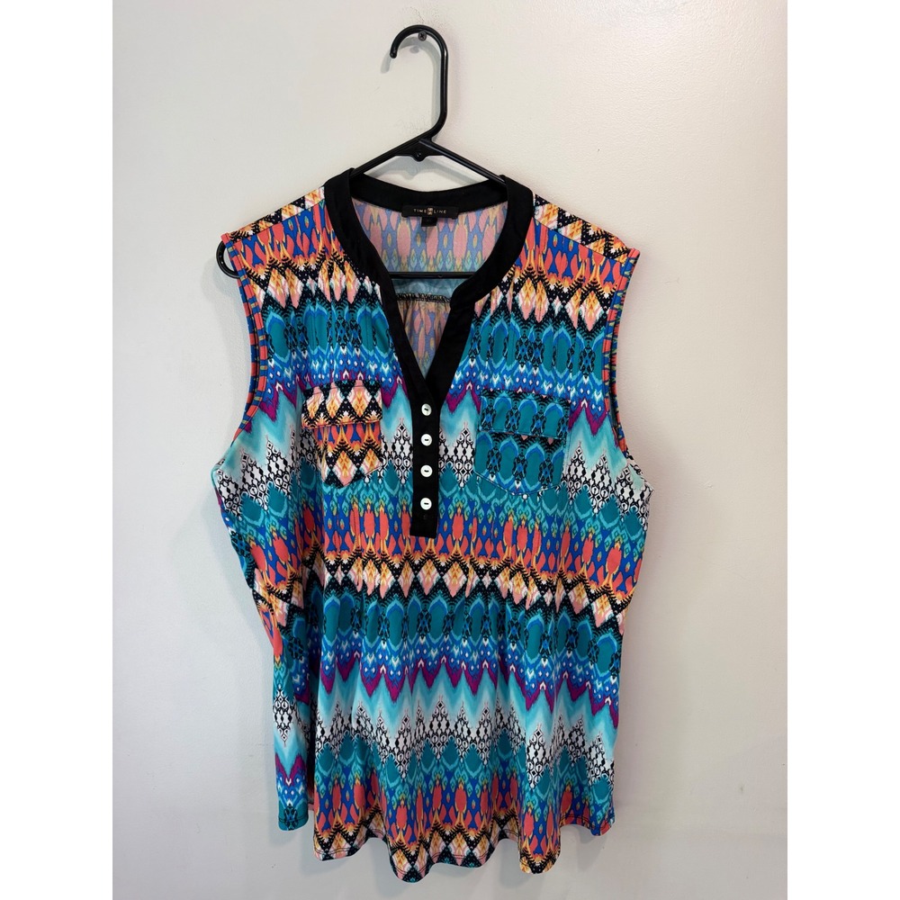 Time Line‎ Womens XL Sleeveless Ikat Geometric Print Blouse Turquoise Orange